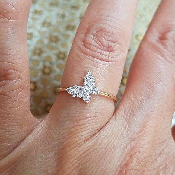 14k solid Gold CZ sideway Butterfly Promise Ring - Picture 4 of 9